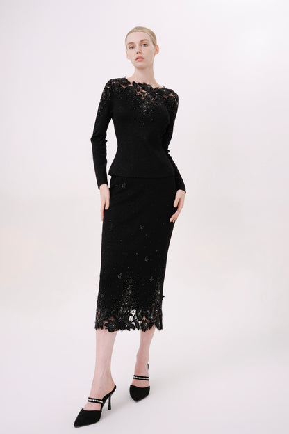 Black Floral Embroidered Rhinestone Knit Skirt
