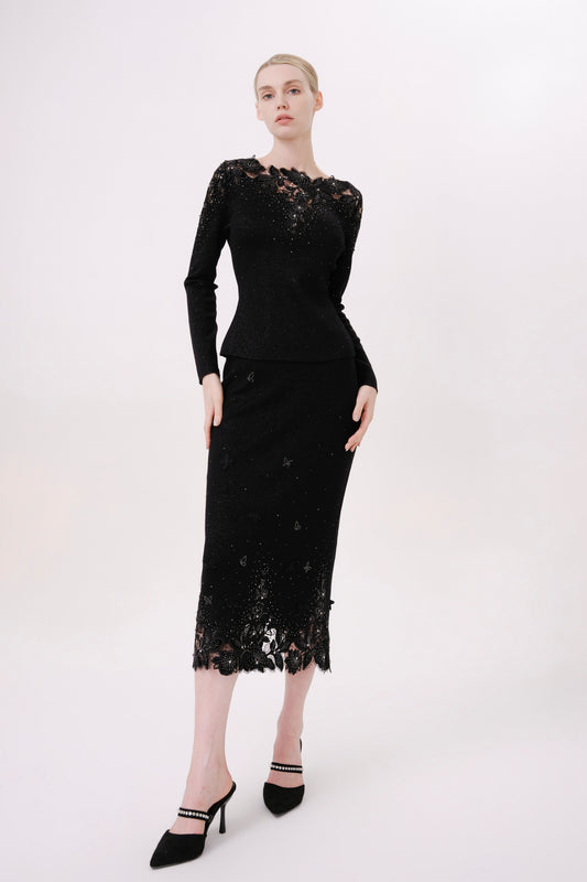 Black Floral Embroidered Rhinestone Knit Skirt