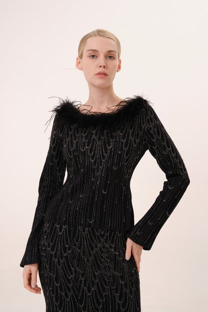 Black Off-Shoulder Feather Trim Rhinestone Knit Top