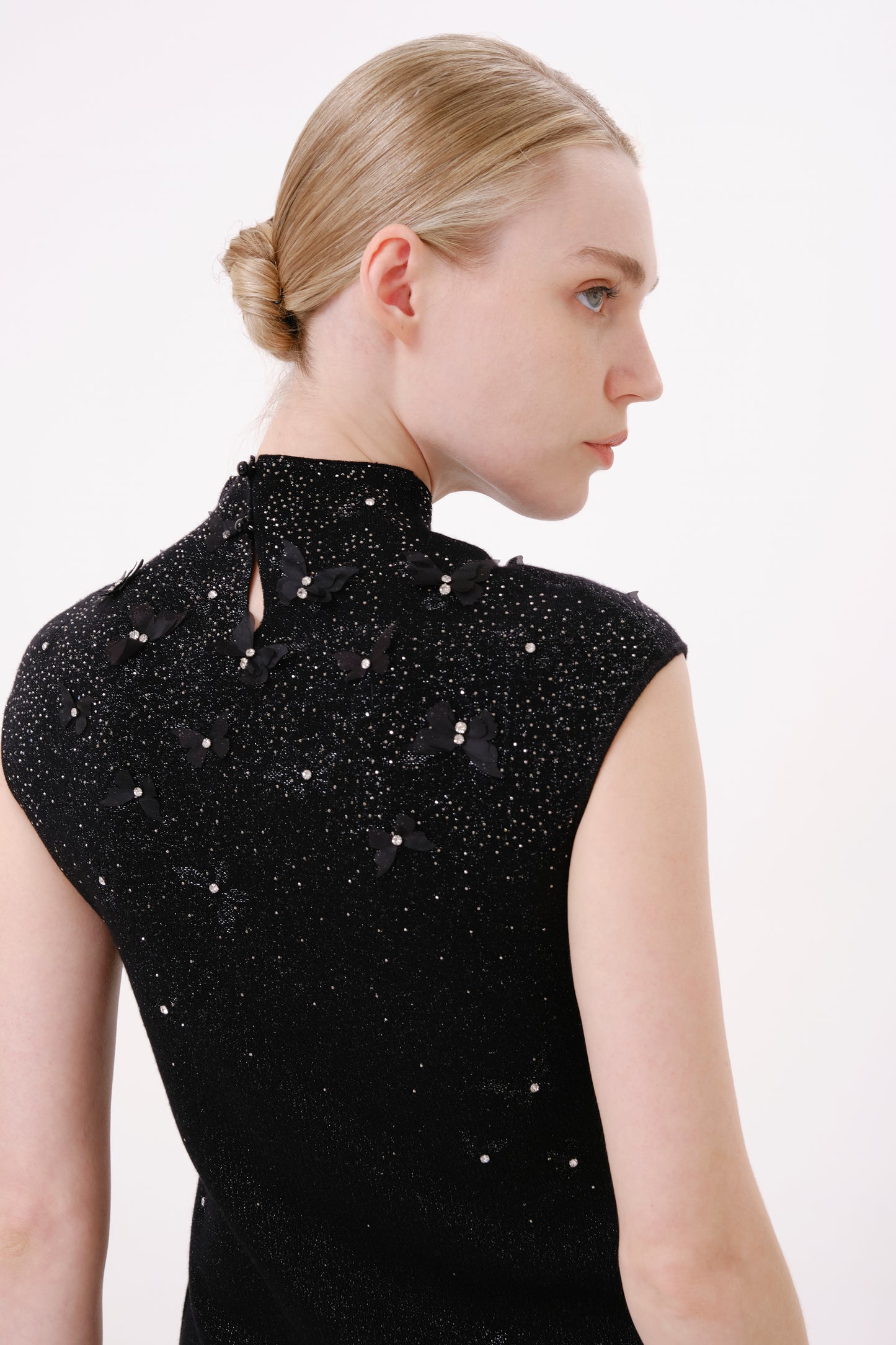 Black Mock Neck Floral Embroidered Rhinestone Knit Top