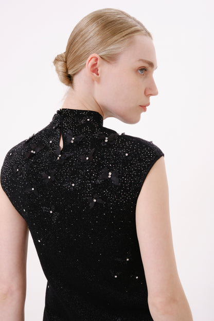Black Mock Neck Floral Embroidered Rhinestone Knit Top