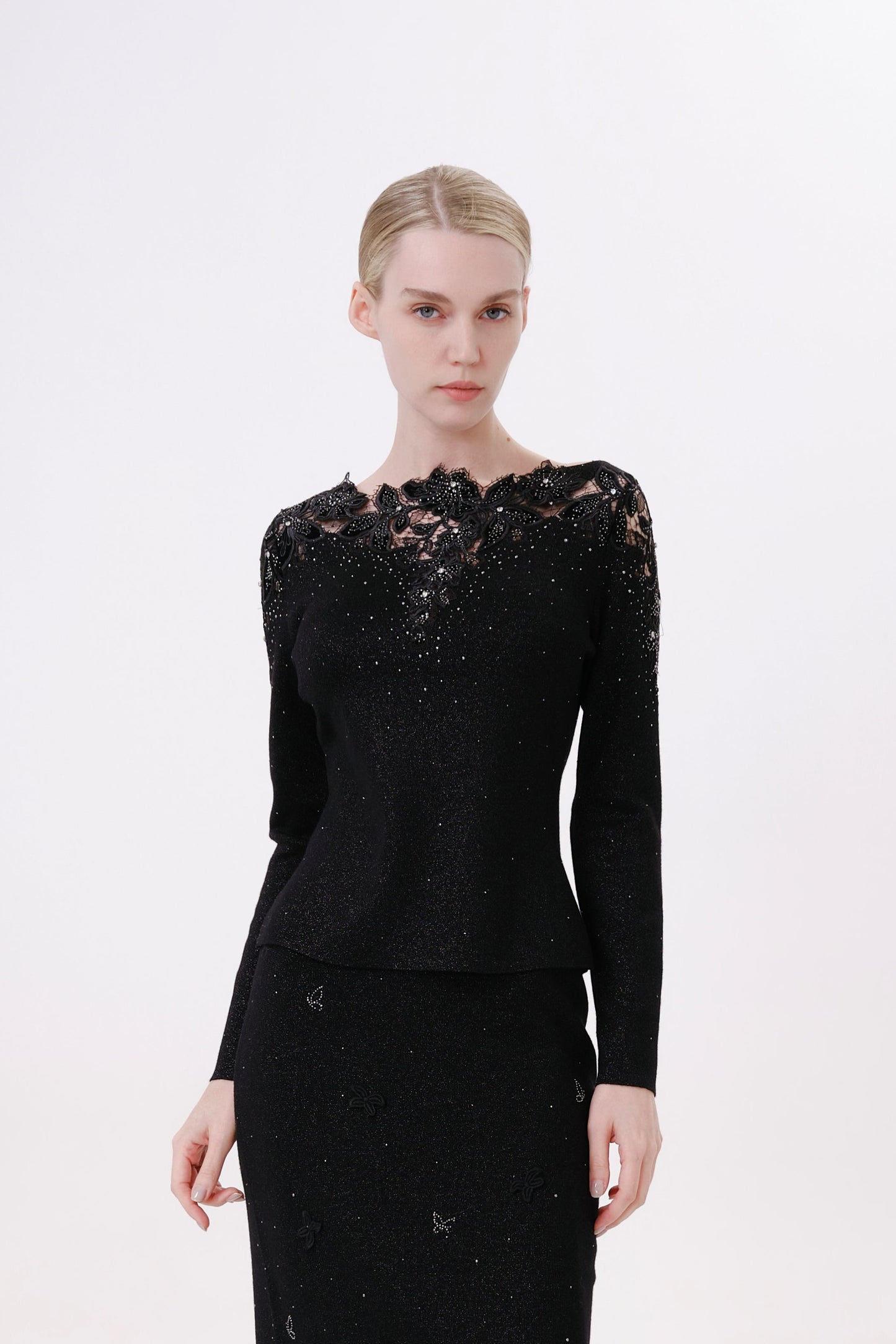 Black Floral Embroidered Rhinestone Knit Top