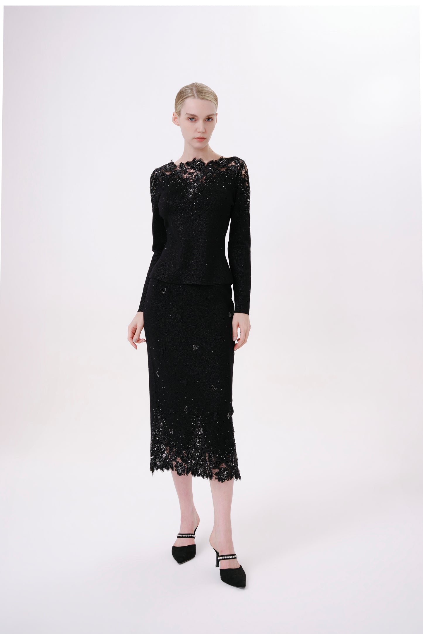 Black Floral Embroidered Rhinestone Knit Skirt