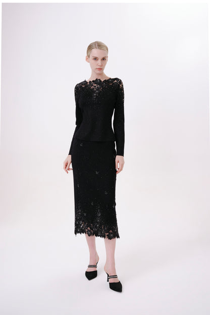 Black Floral Embroidered Rhinestone Knit Skirt
