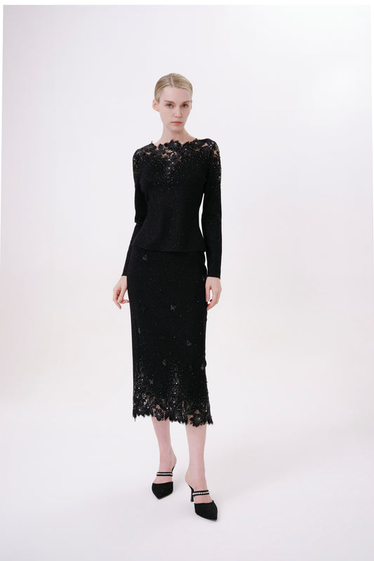 Black Floral Embroidered Rhinestone Knit Skirt