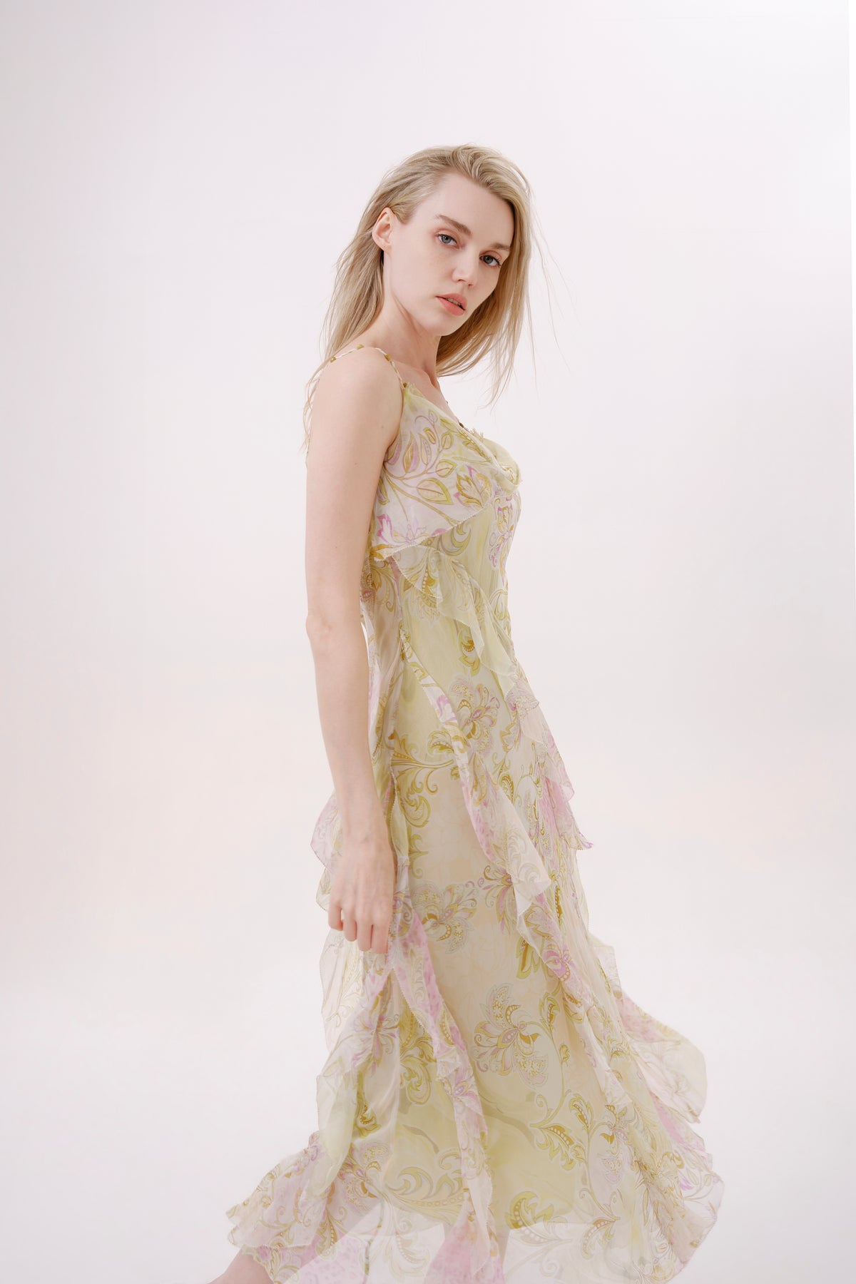 Green Floral Silk Cowl Neck Dress