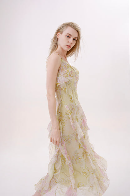 Green Floral Silk Cowl Neck Dress