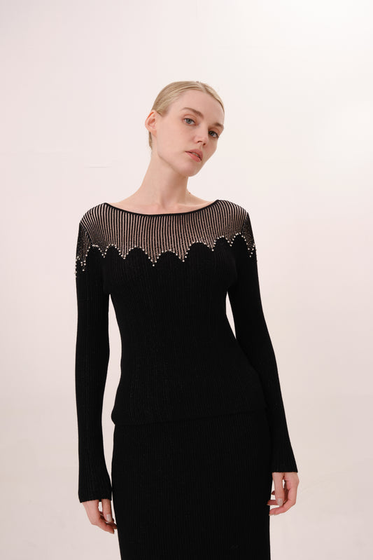 Black Rhinestone Embellished Long Sleeve Knit Top
