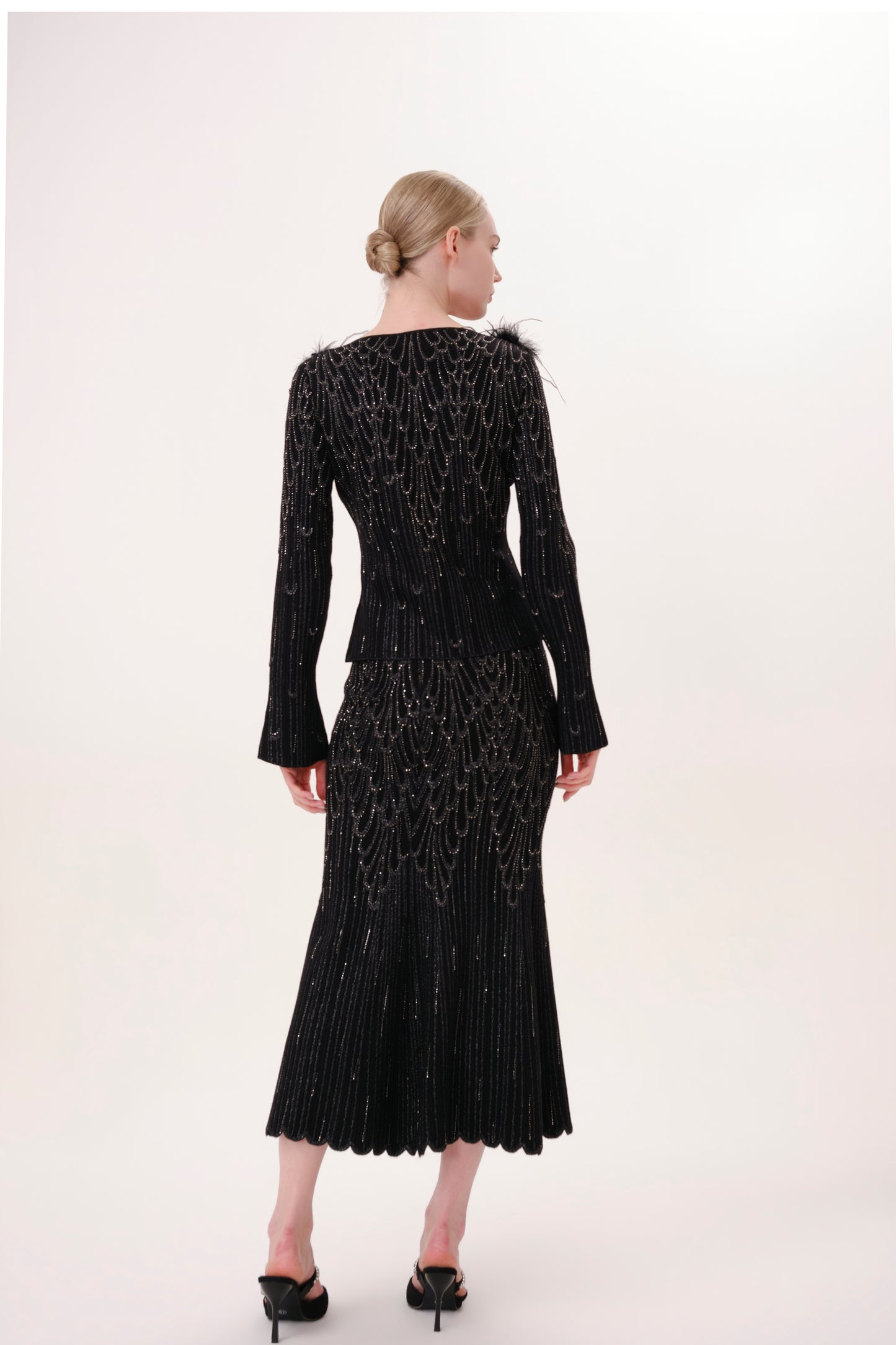 Black Crystal Embellished Fishtail Knit Skirt