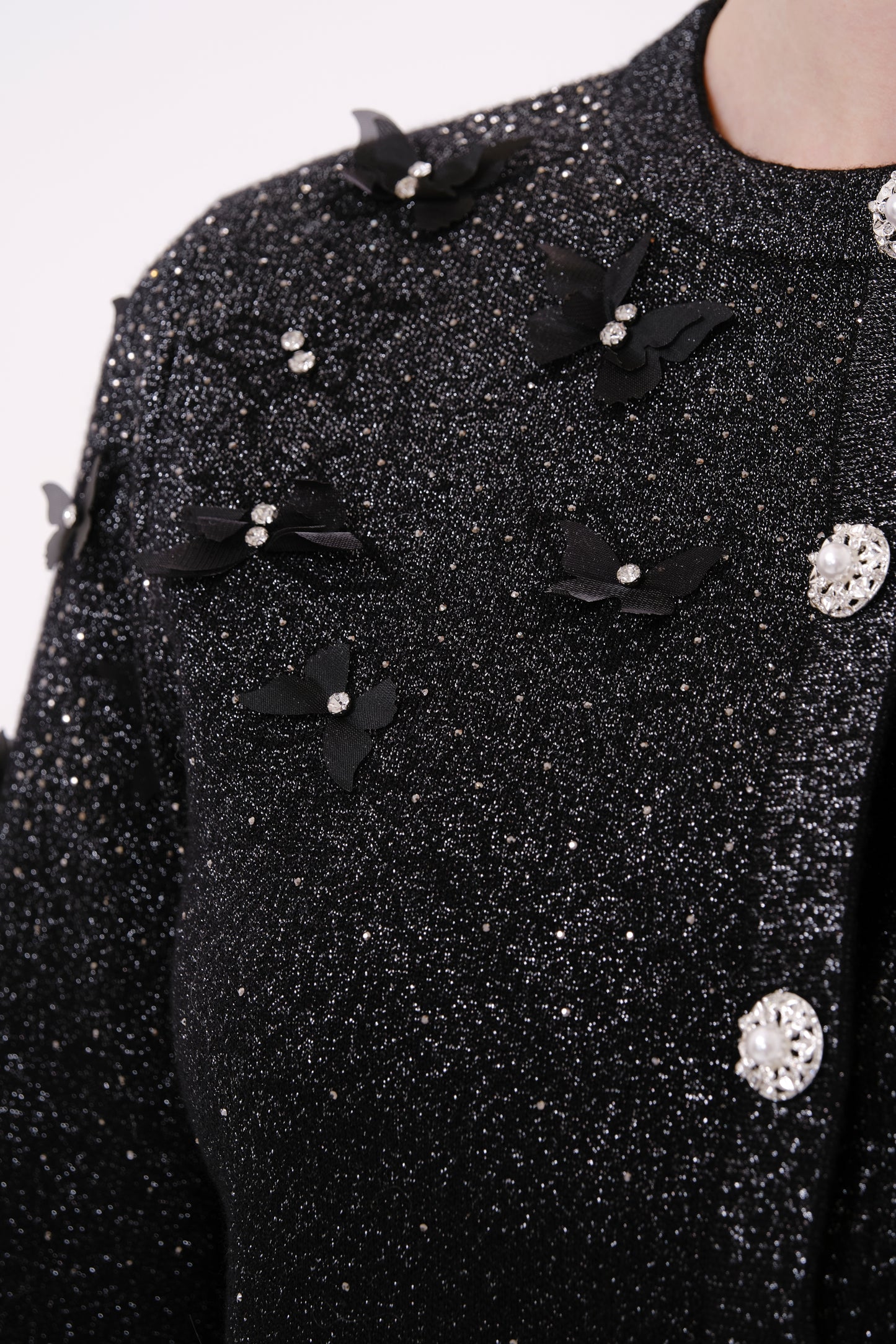 Black Floral Embroidered Rhinestone Knit Cardigan
