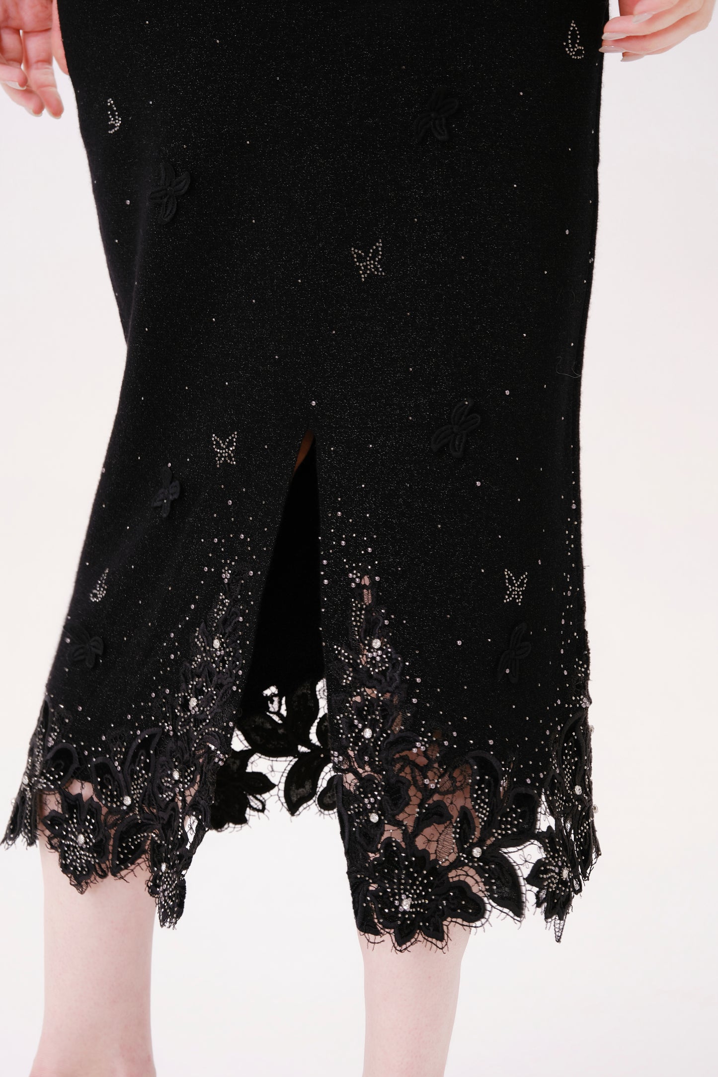 Black Floral Embroidered Rhinestone Knit Skirt