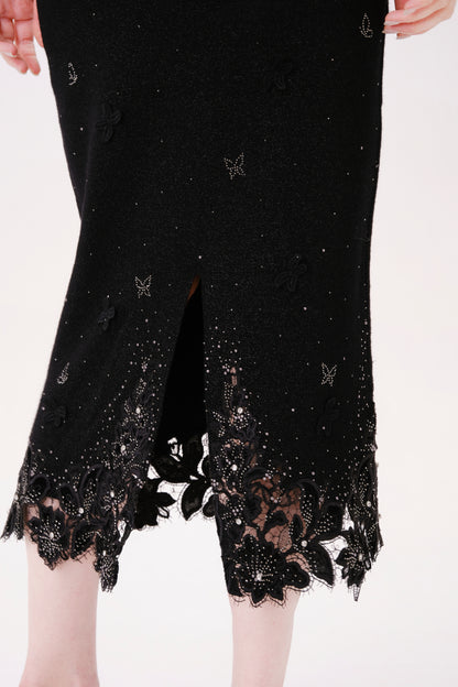 Black Floral Embroidered Rhinestone Knit Skirt