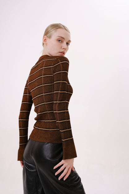 Chocolate Brown Striped Fitted Knit Top
