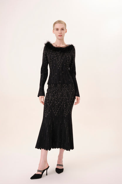 Black Off-Shoulder Feather Trim Rhinestone Knit Top