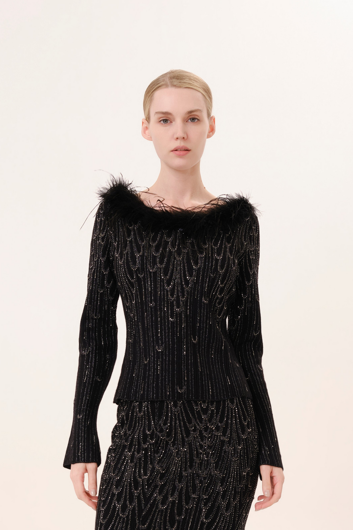 Black Off-Shoulder Feather Trim Rhinestone Knit Top