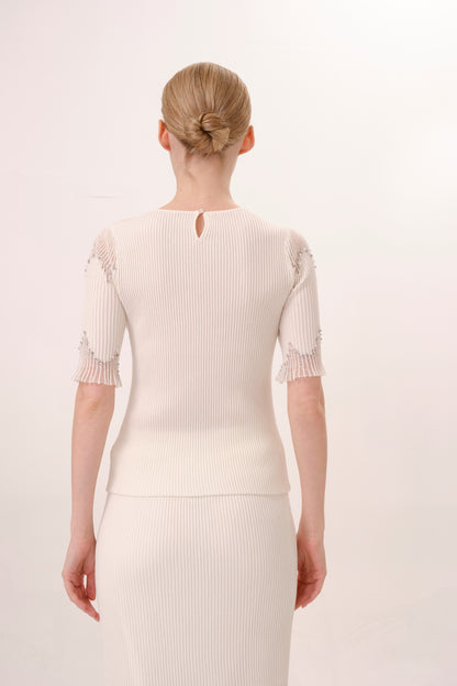 White Sheer Neckline Rhinestone Short Sleeve Knit Top