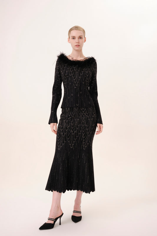 Black Crystal Embellished Fishtail Knit Skirt
