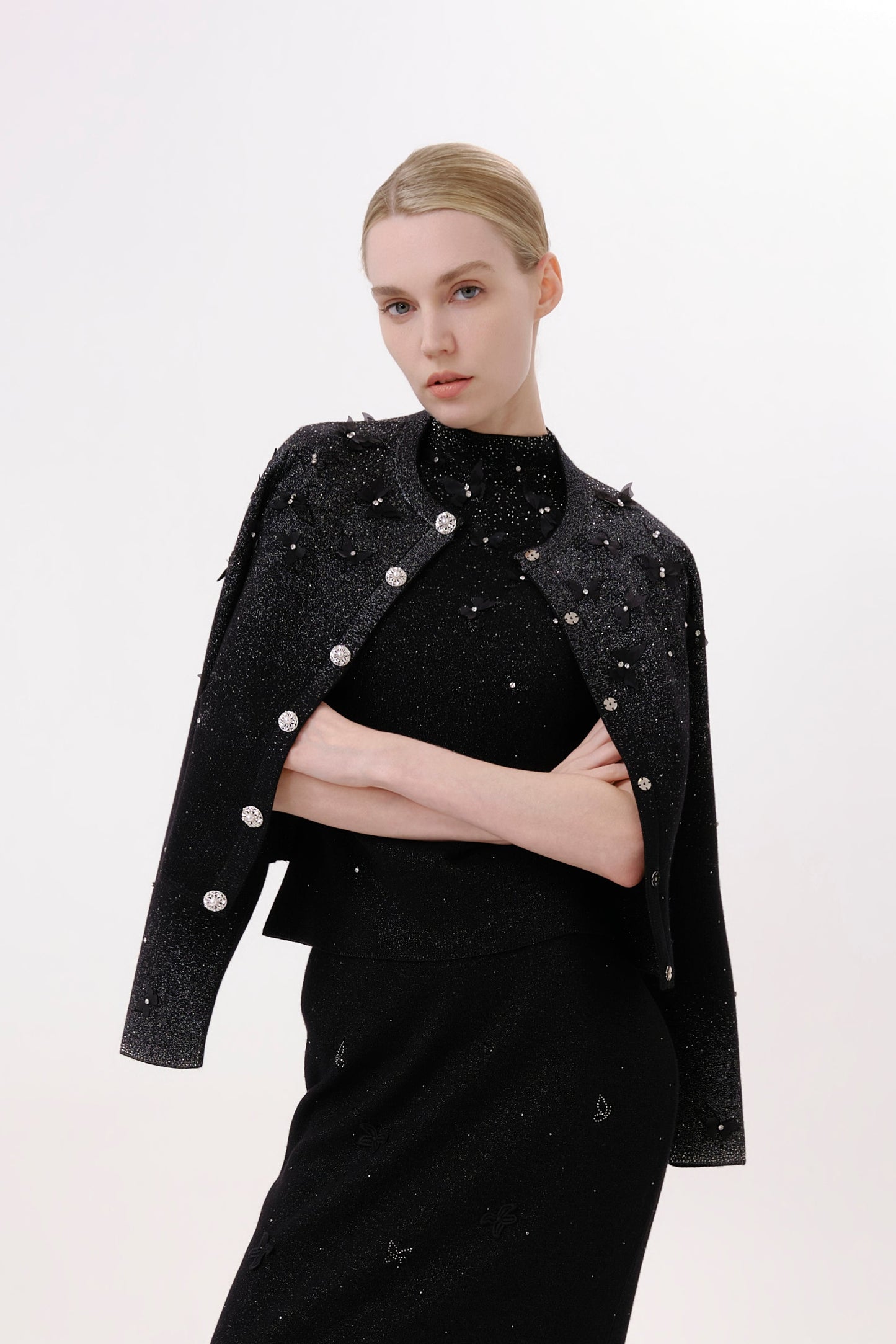 Black Floral Embroidered Rhinestone Knit Cardigan