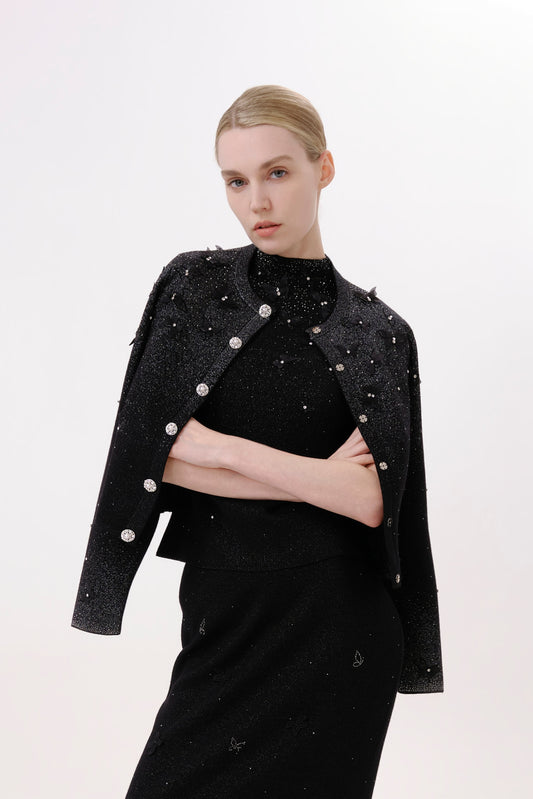Black Floral Embroidered Rhinestone Knit Cardigan