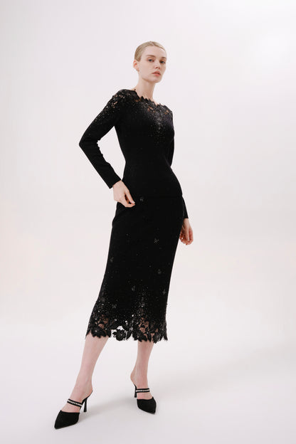 Black Floral Embroidered Rhinestone Knit Top