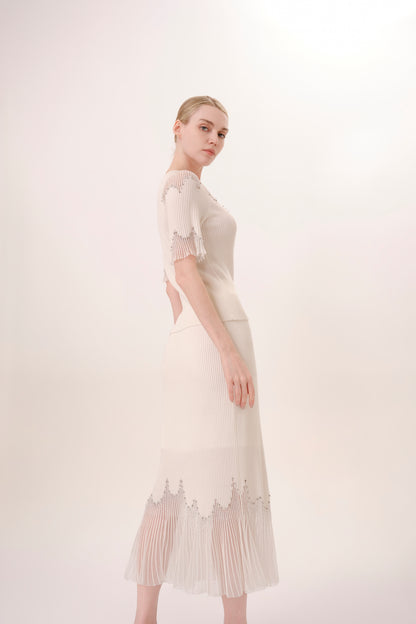 White Rhinestone Embellished Knit Fishtail Skirt