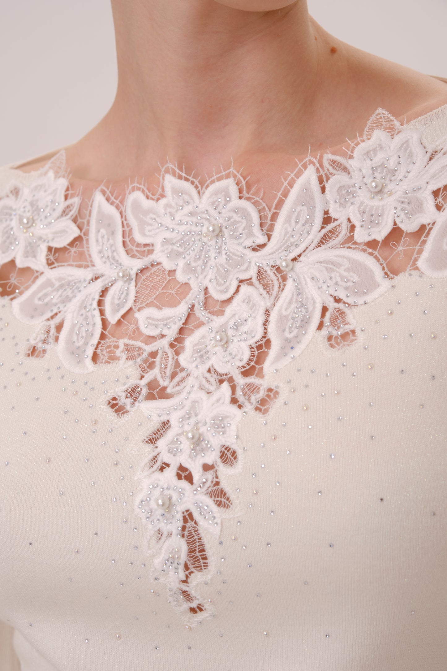White Embroidered Floral Rhinestone Knit Top