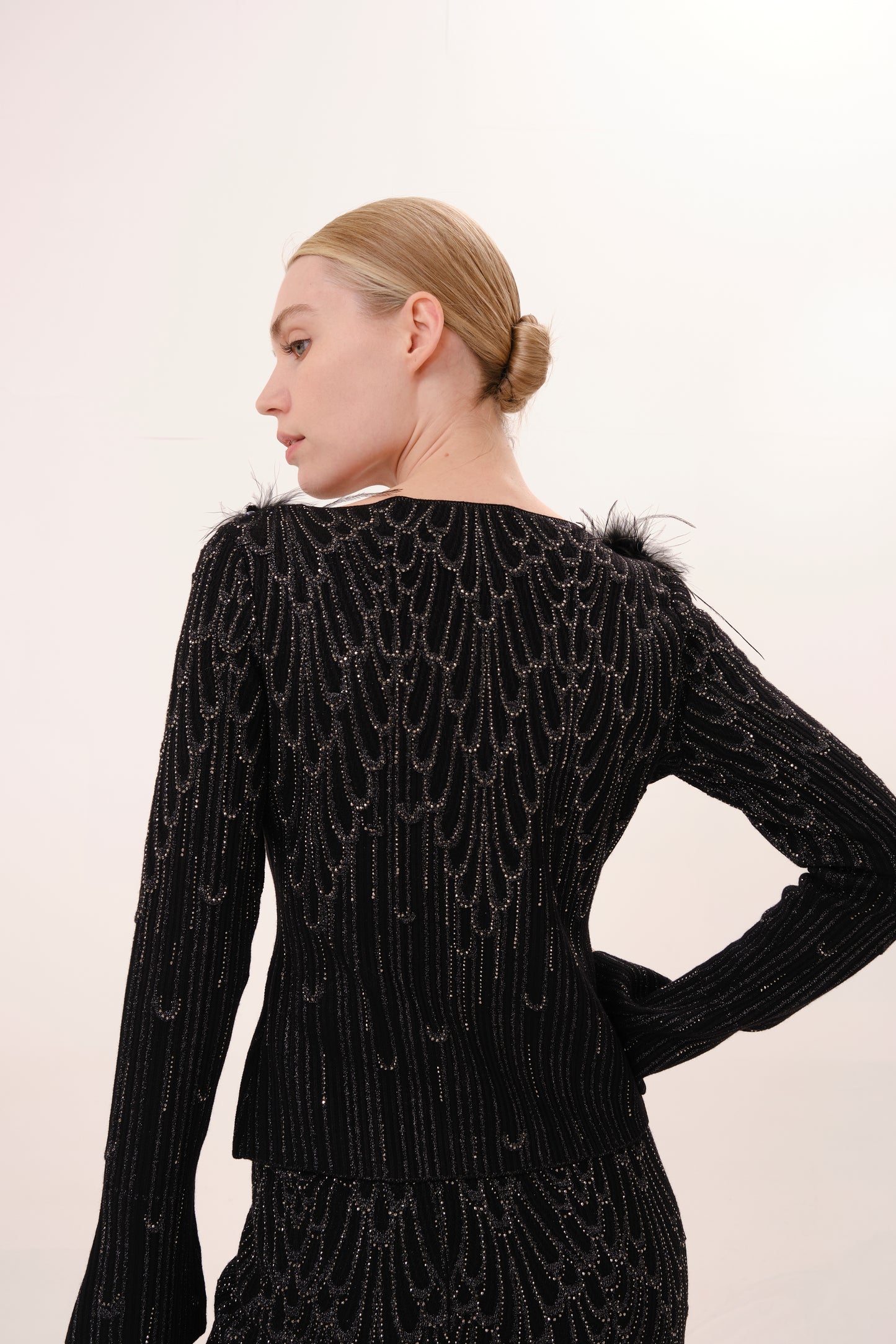 Black Off-Shoulder Feather Trim Rhinestone Knit Top