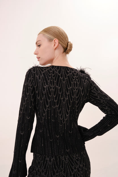 Black Off-Shoulder Feather Trim Rhinestone Knit Top