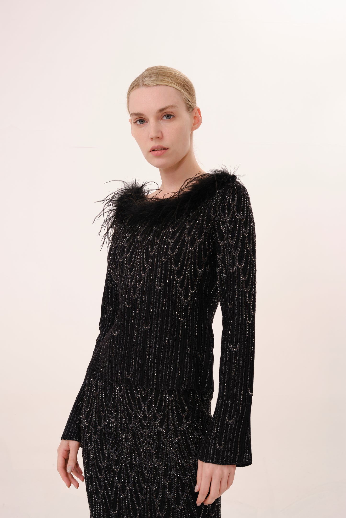 Black Off-Shoulder Feather Trim Rhinestone Knit Top