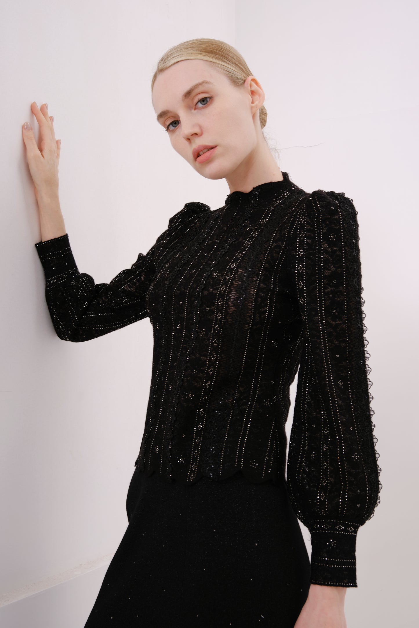 Black Rhinestone Lace Floral Puff Sleeve Knit Top