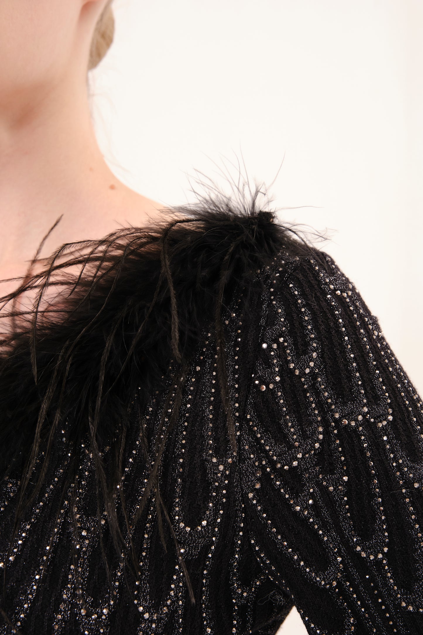 Black Off-Shoulder Feather Trim Rhinestone Knit Top