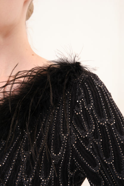 Black Off-Shoulder Feather Trim Rhinestone Knit Top