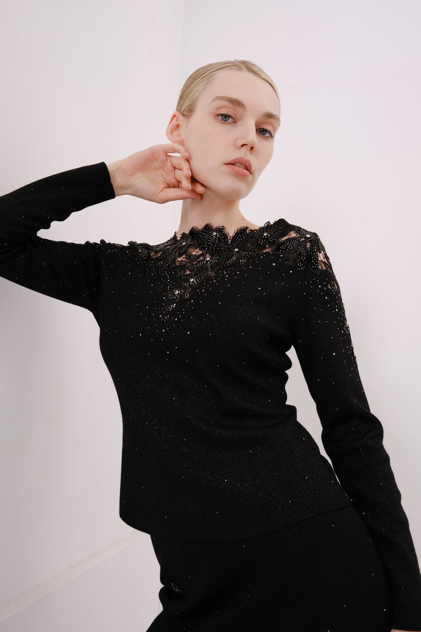 Black Floral Embroidered Rhinestone Knit Top