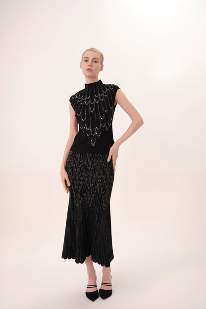 Black Crystal Embellished Fishtail Knit Skirt