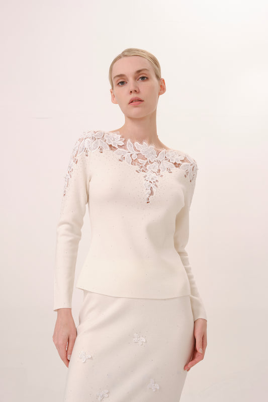 White Embroidered Floral Rhinestone Knit Top