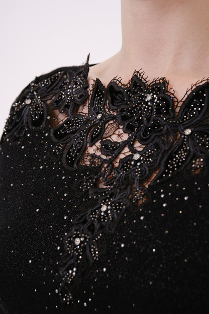 Black Floral Embroidered Rhinestone Knit Top