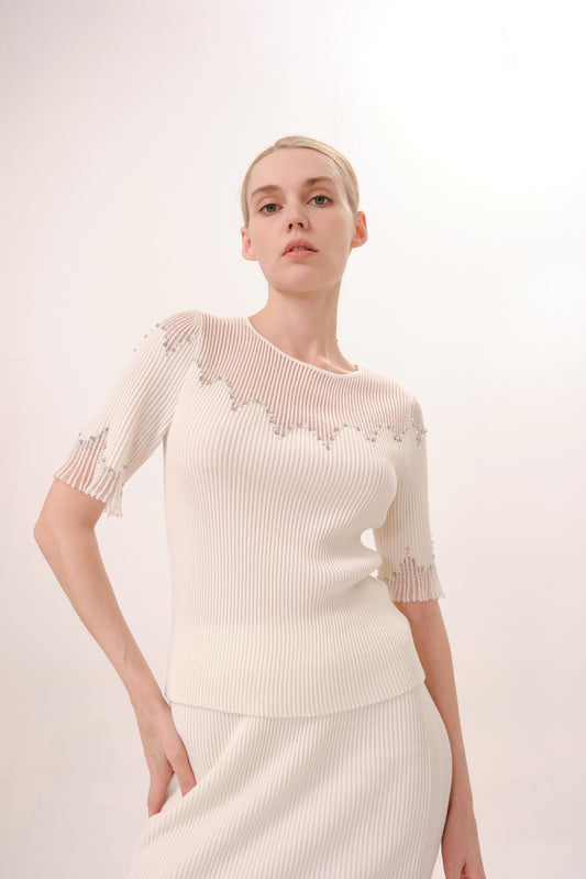 White Sheer Neckline Rhinestone Short Sleeve Knit Top