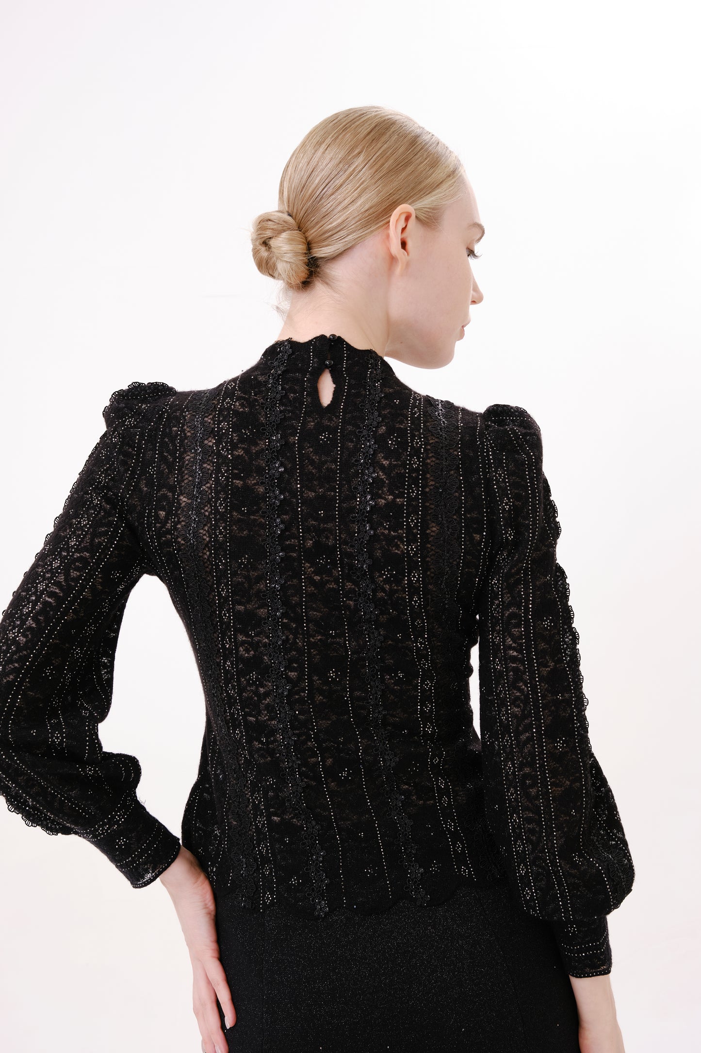 Black Rhinestone Lace Floral Puff Sleeve Knit Top