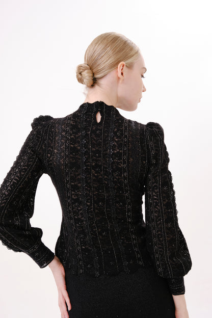 Black Rhinestone Lace Floral Puff Sleeve Knit Top