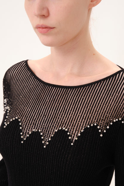 Black Rhinestone Embellished Long Sleeve Knit Top