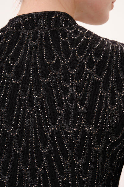 Black Mock Neck Feather Trim Rhinestone Knit Top