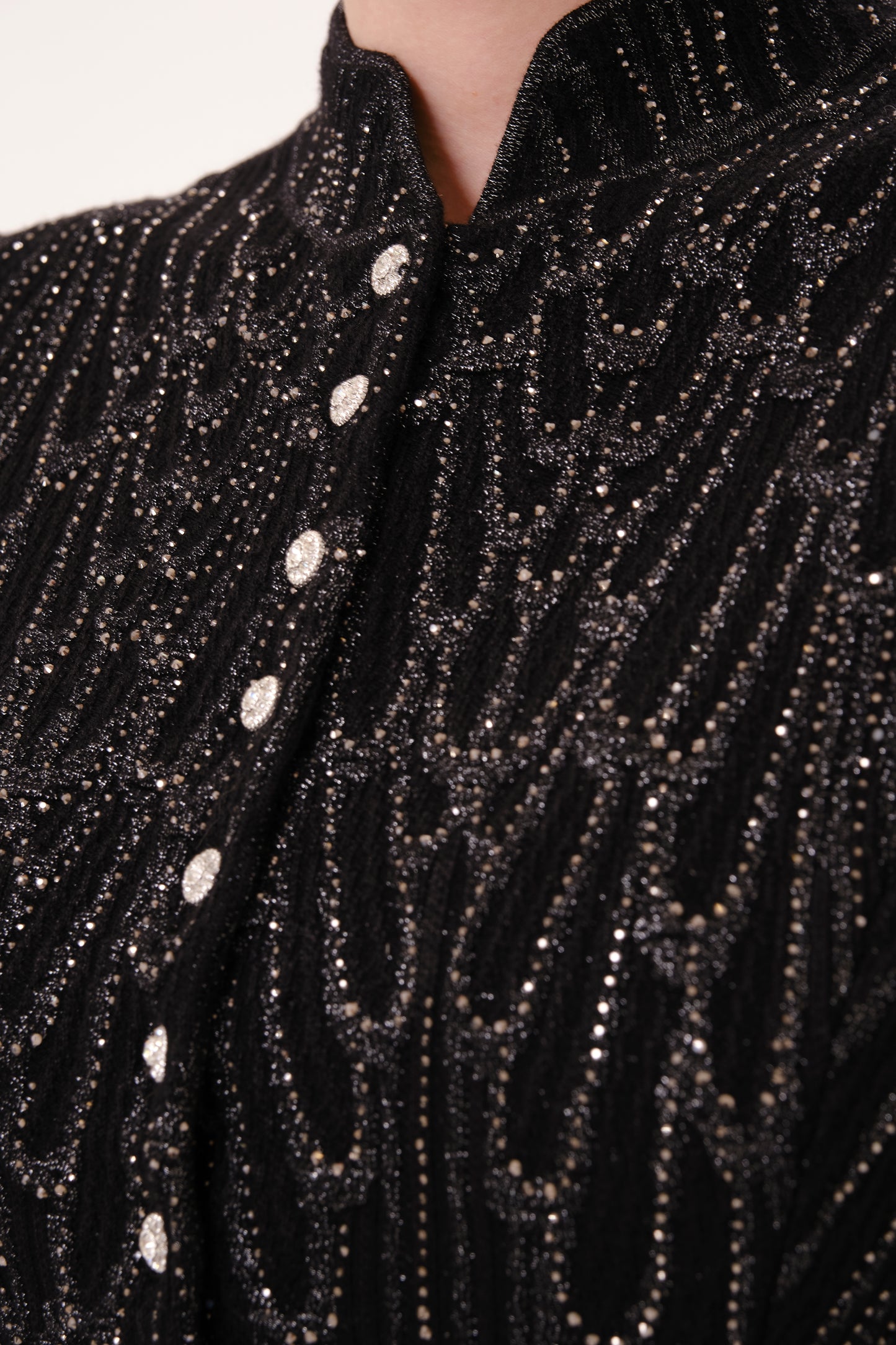 Black Mock Neck Feather Trim Rhinestone Knit Top