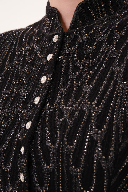 Black Mock Neck Feather Trim Rhinestone Knit Top