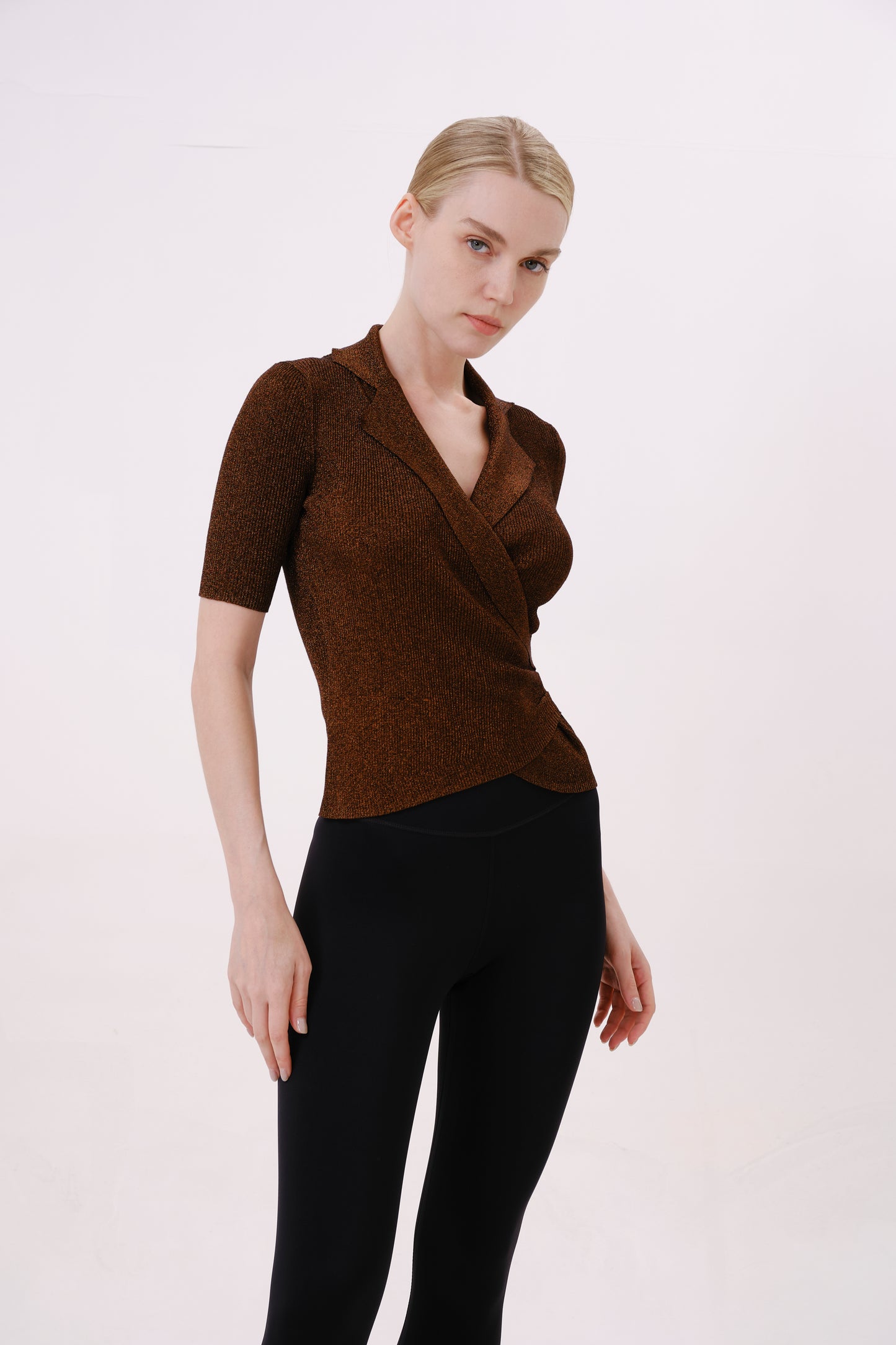 Brown V-Neck Knit Short Sleeve Top