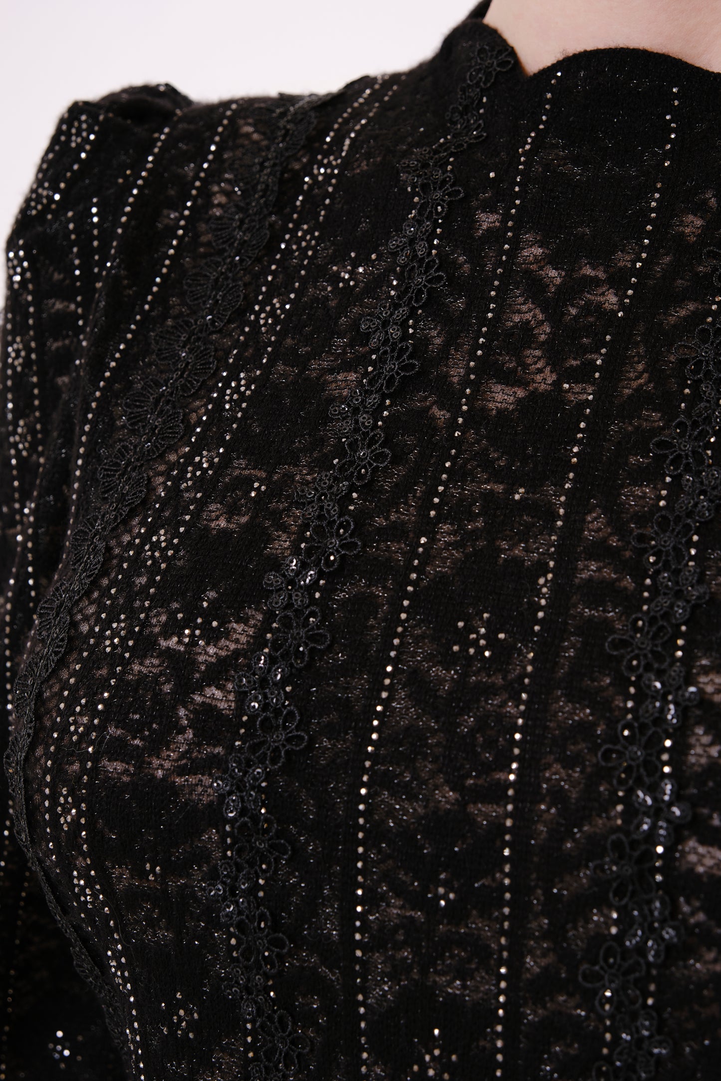 Black Rhinestone Lace Floral Puff Sleeve Knit Top