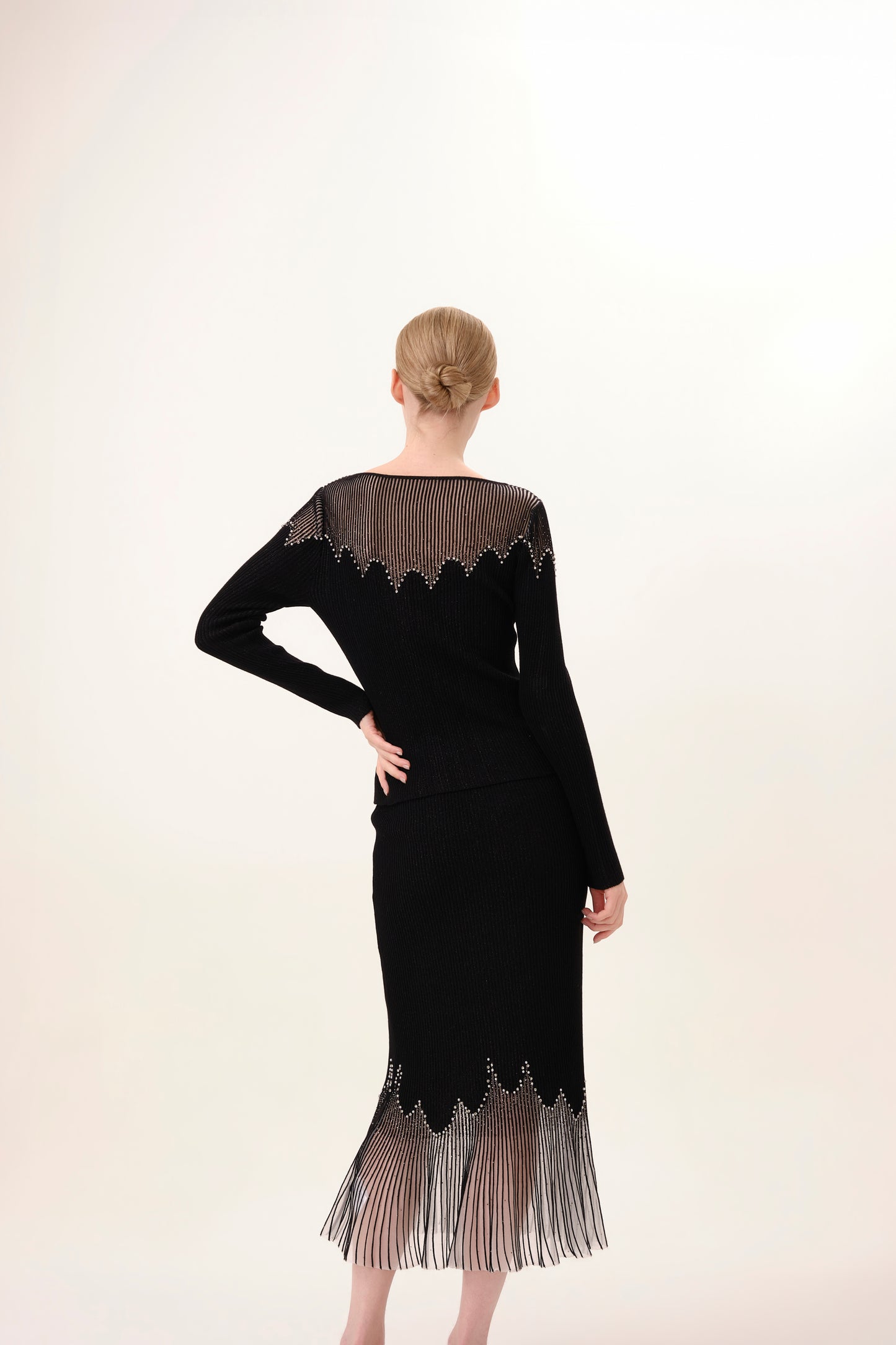 Black Rhinestone Embellished Knit Fishtail Skirt