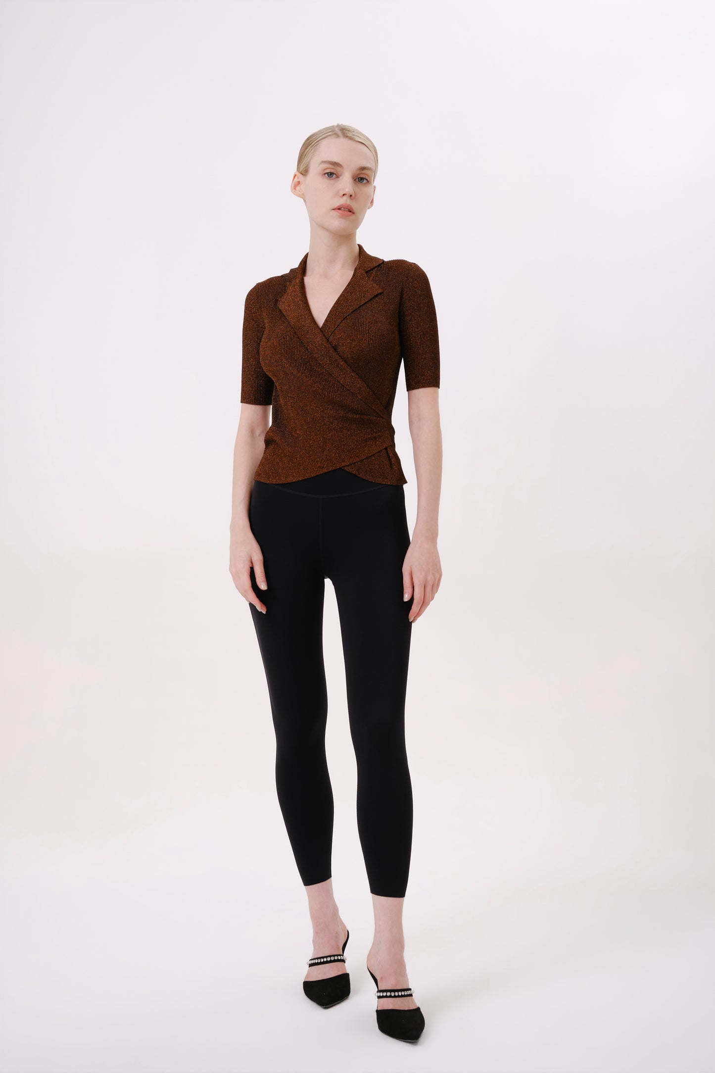 Brown V-Neck Knit Short Sleeve Top