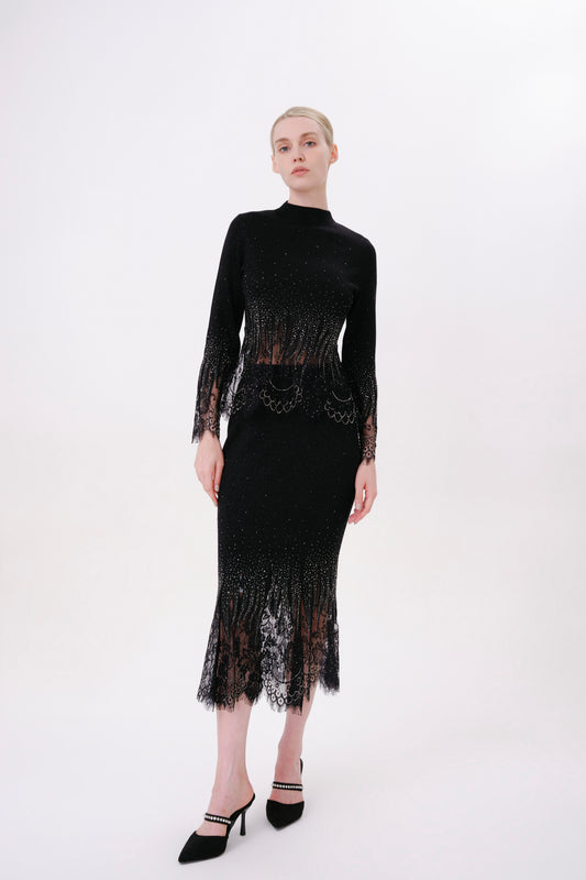 Black Rhinestone Knit Fishtail Skirt