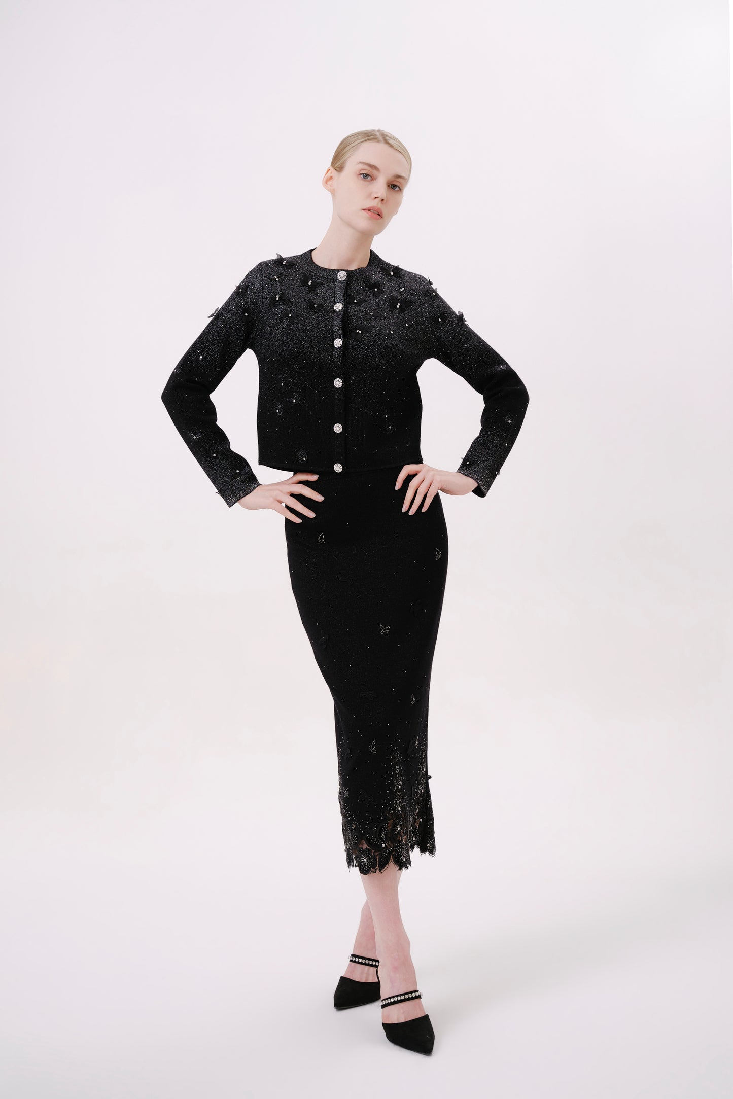 Black Floral Embroidered Rhinestone Knit Cardigan