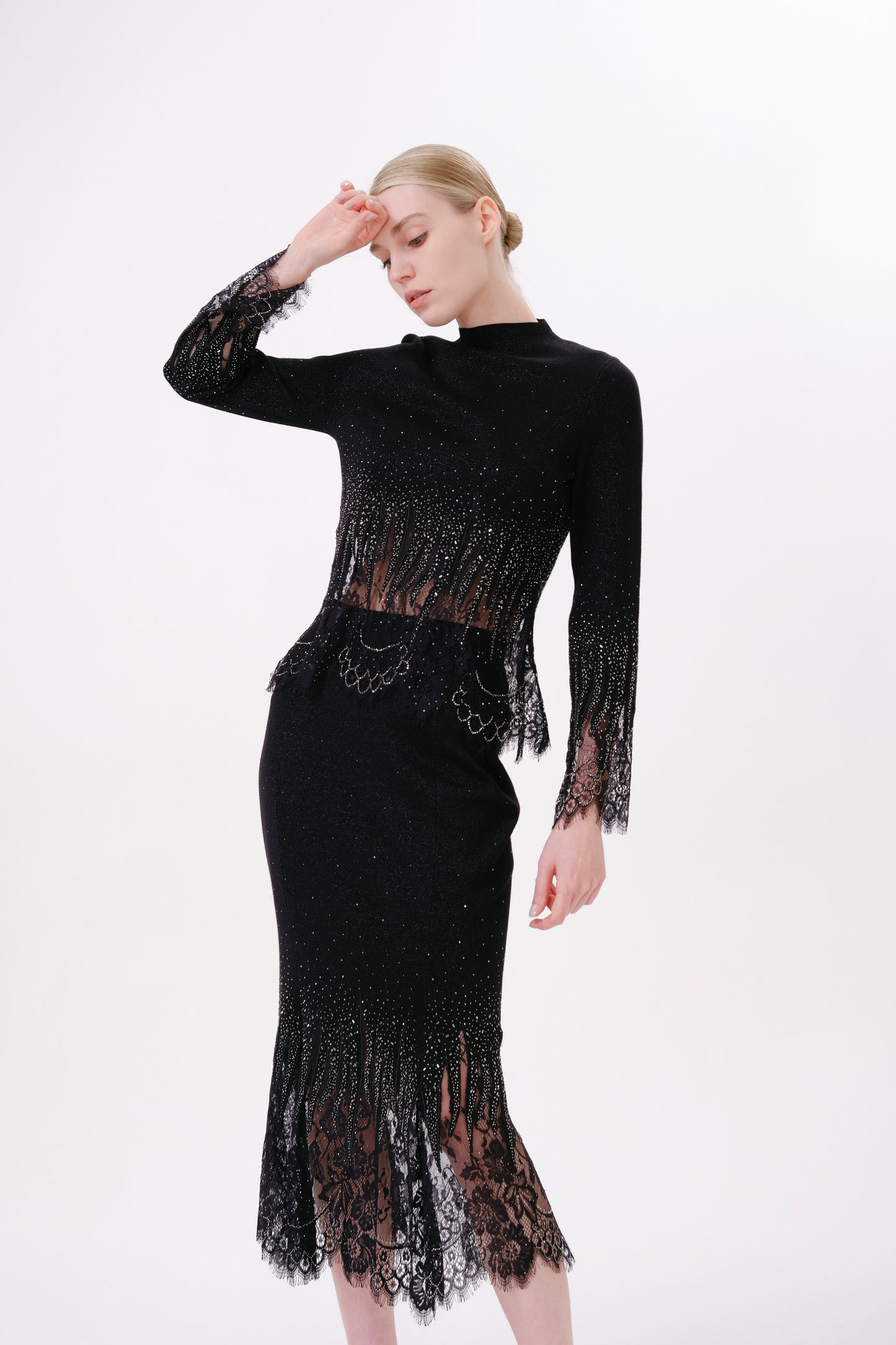 Black Mock Neck Rhinestone Sheer Hem Knit Top